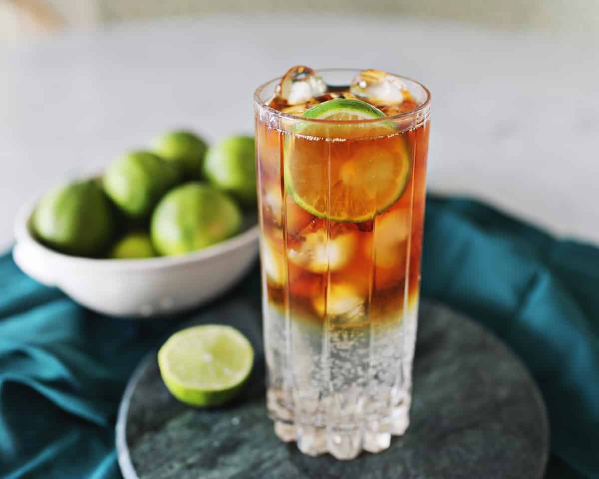 Dark and Stormy recipe served in a glass, by Finns Victoria