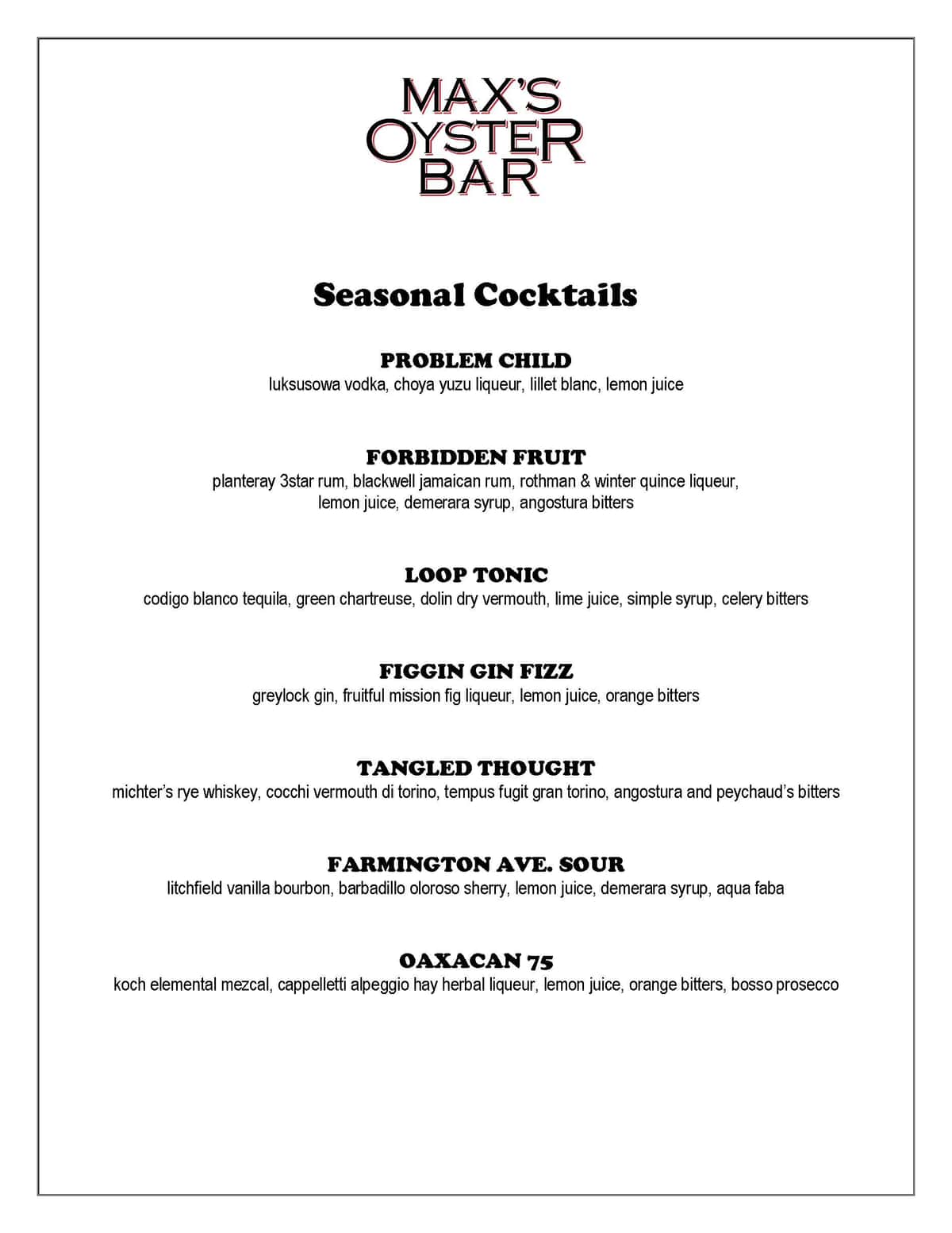 Cocktails Menu recipe served on a plate, by Max's Oyster Bar Cocktails Menu recipe served on a plate, by Max's Oyster Bar