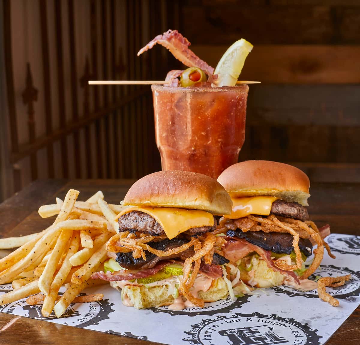 MOAB with Fries & Bloody Mary recipe served in a glass, by Harry's Bar & Burger MOAB with Fries & Bloody Mary recipe served in a glass, by Harry's Bar & Burger