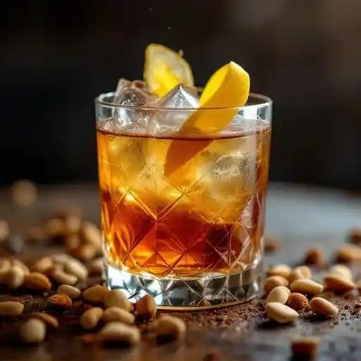 COFFEE INFUSED CAMPARI, MAKER'S 46, HIGH WEST DOUBLE RYE, VALDESPINO SHERRY, MACADAMIA NUT, LEMON PEEL