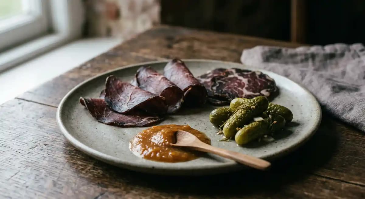 Fallow cured meats, gherkins, apple ketchup