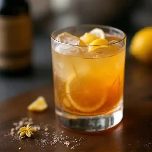Cocktail with bourbon, ginger, lemon, and fernet branca