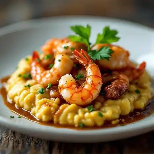 CRYSTAL gulf shrimp or fresh fish over Andouille grits with Tasso gravy