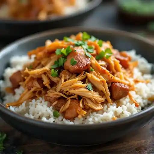 Taiwanese Style Shredded Chicken w / Marinated Pork on Rice
